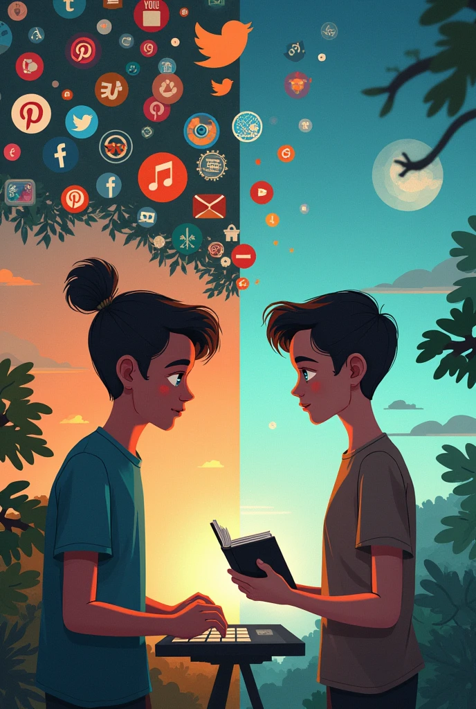 The image shows a person in front of a TV or cell phone screen, with a blank expression, surrounded by a cloud of icons representing social networks, movies, music and news. from beside, the same person outdoors, with a light smile, holding a book or interacting with other people, symbolizing the freedom and clarity of mind that comes from disconnecting.