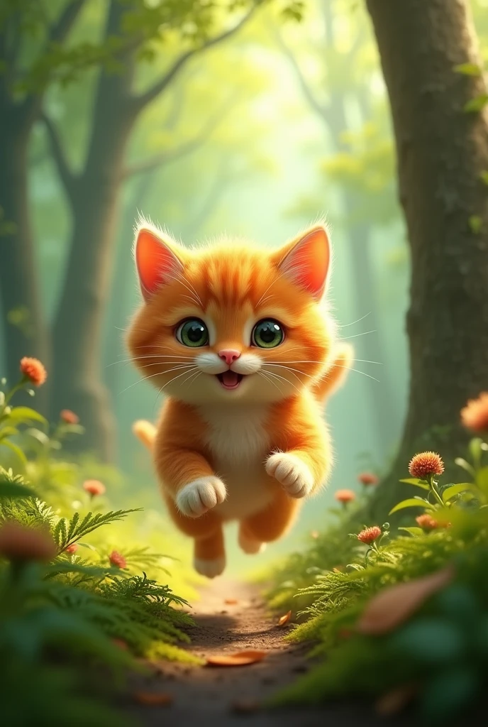Cute cat running in forest