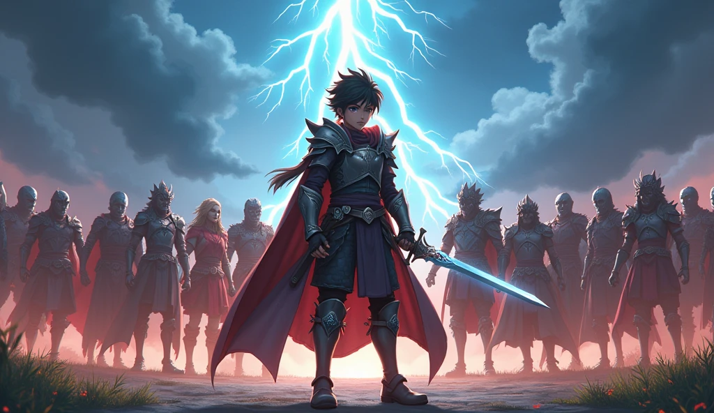 Here is a prompt for your request:

"A scene featuring a -yeld an boy with long hair, standing on the  corner with a big magic sword in his hand. The boy has a determined expression, ready for battle, with his hair flowing dramatically. He wears fantasy armor with glowing runes. On the right side, there are 10 warrior standing in a line, each with distinct fantasy battle gear. The environment is a bright, stormy battlefield with lightning in the background, adding intensity to the moment. The atmosphere is tense and full of energy, reflecting an epic battle about to unfold."