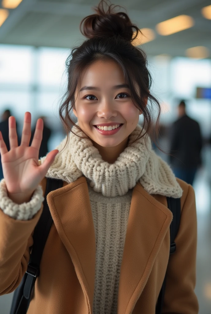 a close up of Tanned japanese beautiful tanned japanese woman, Her hair was in a ((messy loose bun up)) wearing warm winter outfit in soft colors, the woman waving high and smiling in paris airport, full body shot, ultimate photorealistic