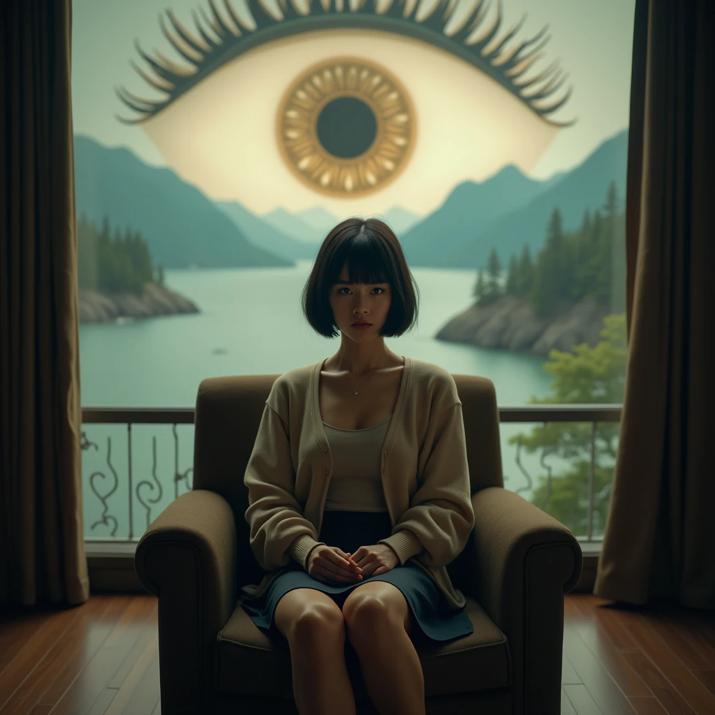 A cinematic medium-sized shot of a pretty, shapely girl sitting in an armchair. She has short, dark hair and wears a beige cardigan and dark skirt. Behind her, a large eye looks out of a large, panoramic window. The eye has a pupil and is surrounded by a beige iris. The background reveals a peaceful landscape with mountains, trees, and a body of water.