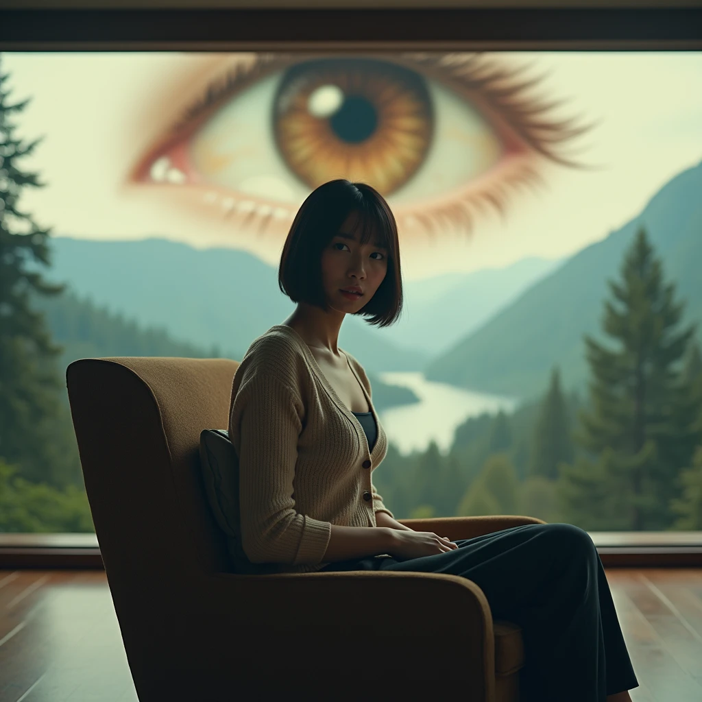 A cinematic medium-sized shot of a pretty, shapely girl sitting in an armchair. She has short, dark hair and wears a beige cardigan and dark skirt. Behind her, a large eye looks out of a large, panoramic window. The eye has a pupil and is surrounded by a beige iris. The background reveals a peaceful landscape with mountains, trees, and a body of water.