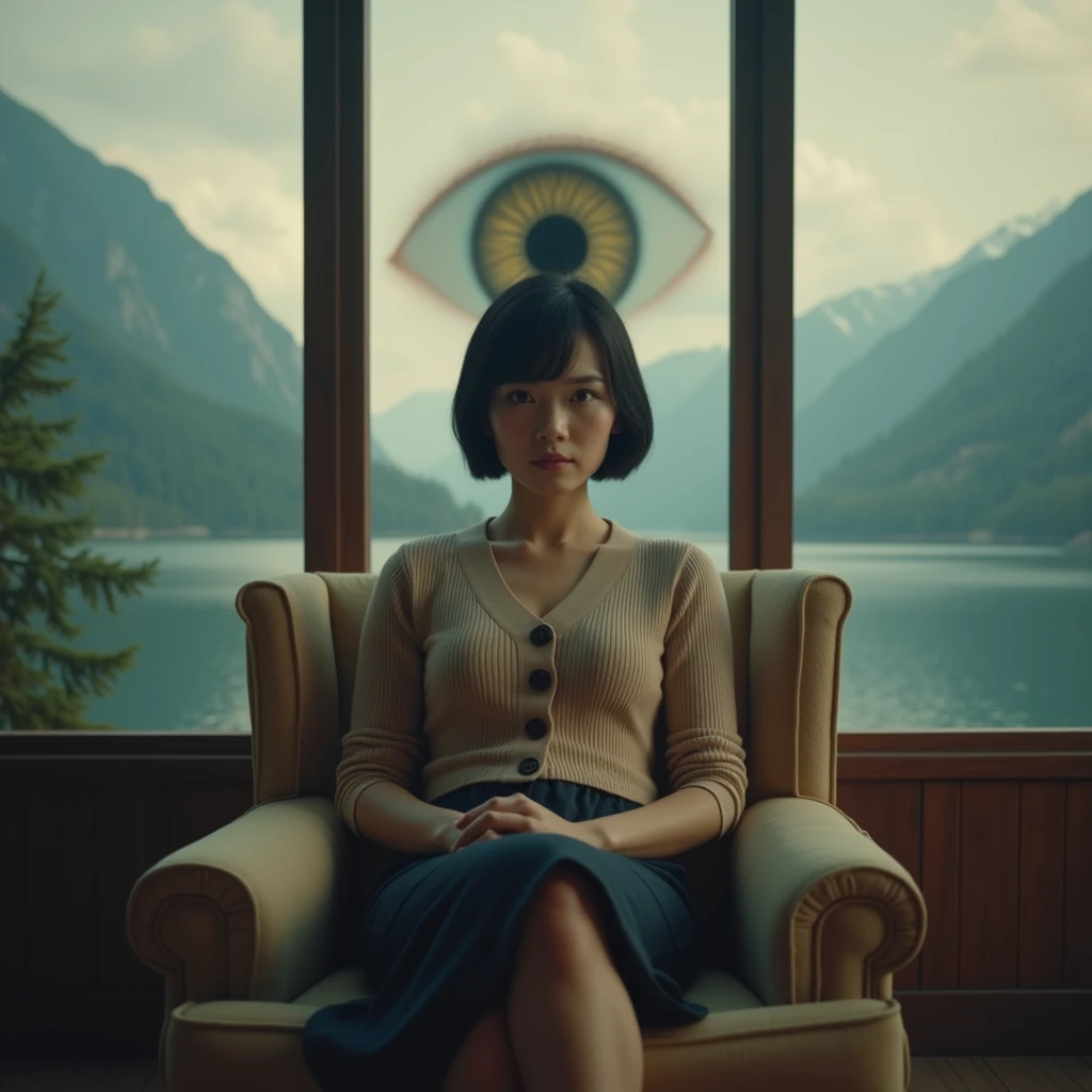 A cinematic medium-sized shot of a pretty, shapely girl sitting in an armchair. She has short, dark hair and wears a beige cardigan and dark skirt. Behind her, a large eye looks out of a large, panoramic window. The eye has a pupil and is surrounded by a beige iris. The background reveals a peaceful landscape with mountains, trees, and a body of water.