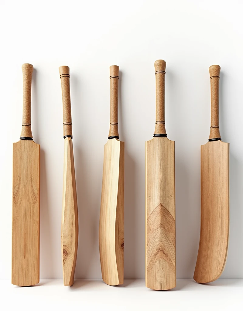 Show me 9 different perspectives and angles of wooden cricket bats evenly arranged on a white background,顶光drop shadow, anaglyph, stereogram, tachi-e, ass pov, atmospheric perspective, 8k, super detail, best quality