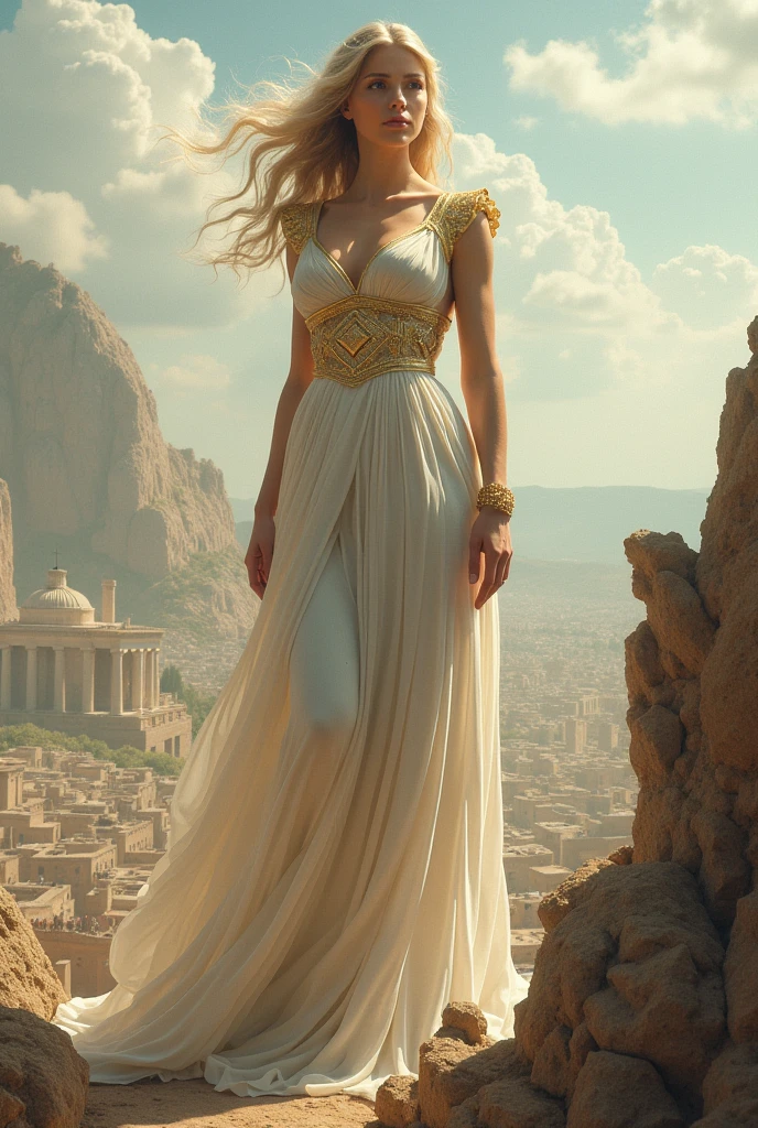 Create a giant woman, goddess, cleavage, thigh, elegant white golden gown, standing over greek city