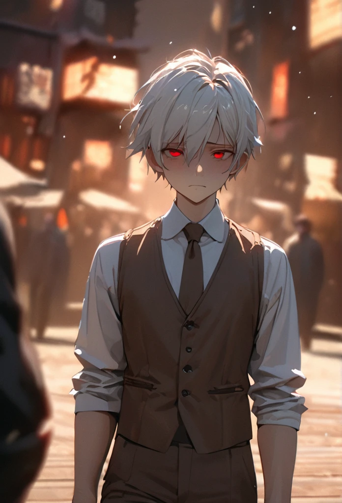 1boy, solo, high detail, conceptual art, japanese cartoon movies, gothic art, masterpiece, super detail, high details, high quality, best quality, pretty, tall, white hair short, red eyes, brown vest, white shirt, brown tie, pants brown, exhausted, selfless, haggard, emaciated, emotionless, melancholic, cold, tired, ((male face)), handsome, masterpiece, male focus, solo, looking at viewer, city night snowing background, high detail, masterpiece, super detail, high details, high quality, best quality, pretty, tall, emotionless, ((male face)), handsome, solo, looking at viewer, light,, 4k quality,cinematic lighting, ray tracing, depth of field, cinematic lighting, ray tracing, UHD, high details, best quality, highres, high quality, award winning, super detail, masterpiece, 8k, UHD, high details, best quality, highres, high quality, award winning, super detail, masterpiece, 8k, digital art, anime coloring, full body, body shot, good face, perfect face, detailed face, good eyes,