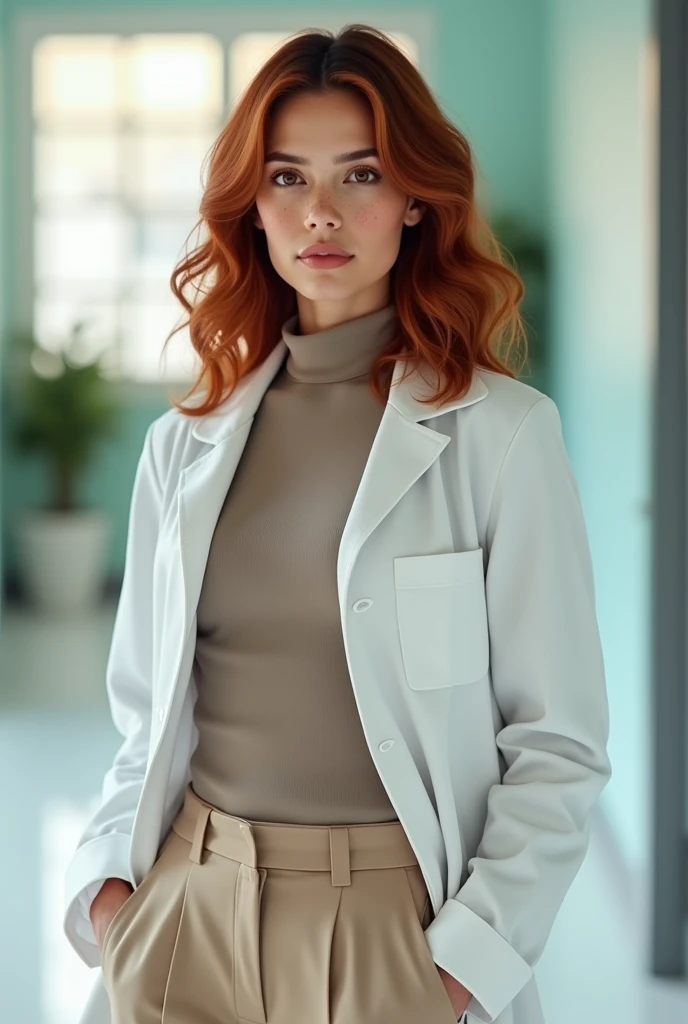 A young Brazilian woman psychologist, with shoulder-length wavy red hair, displaying a natural, well-groomed glow. His brown eyes reflect a serious and confident look., highlighting your professional expression, your pale skin with some freckles, Dressed in a neutral-toned turtleneck blouse and beige tailored pants, combined with a psychology lab coat conveying a professional and elegant image, The hospital office environment is bright and professional, The psychologist shows a serious and confident expression, conveying authority and professionalism, Your upright and confident posture reflects your role as a professional in the hospital environment., balancing elegance and seriousness with competence, with his hands inside his pants pockets.