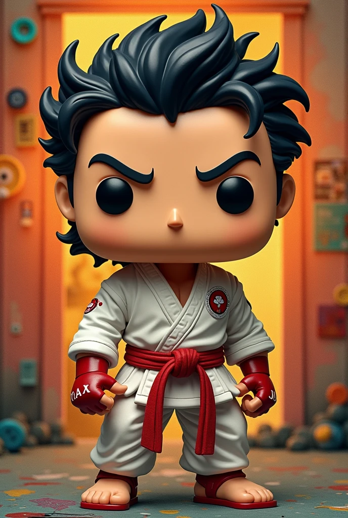 Generate an image of Devon Lee, the passionate and loyal member of Cobra Kai, in Funko Pop style. The image should show Devon in his signature Cobra Kai karate outfit., with his red belt and his intense gaze. Her hair should be styled in her signature messy hairstyle.. The image must have a colorful and vibrant background, with details like buttons and textures reminiscent of Funko Pop figures. Devon's facial expression should be serious and determined., as if ready to take action in the dojo or in real life.