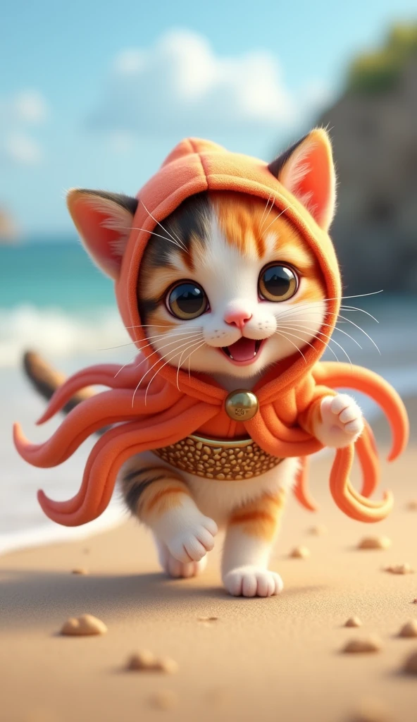 3D cute calico kitten character、Happy Squid Costume、running、Coastal、masterpiece, Background Blur, Portraits, Waist belt decorated with squid