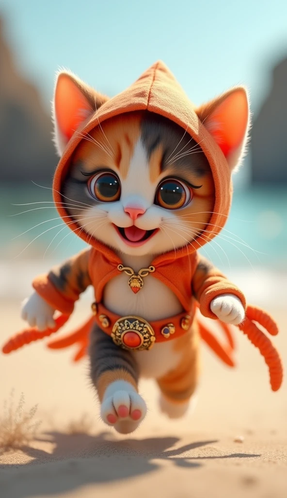 3D cute calico kitten character、Happy Squid Costume、running、Coastal、masterpiece, Background Blur, Portraits, Waist belt decorated with squid