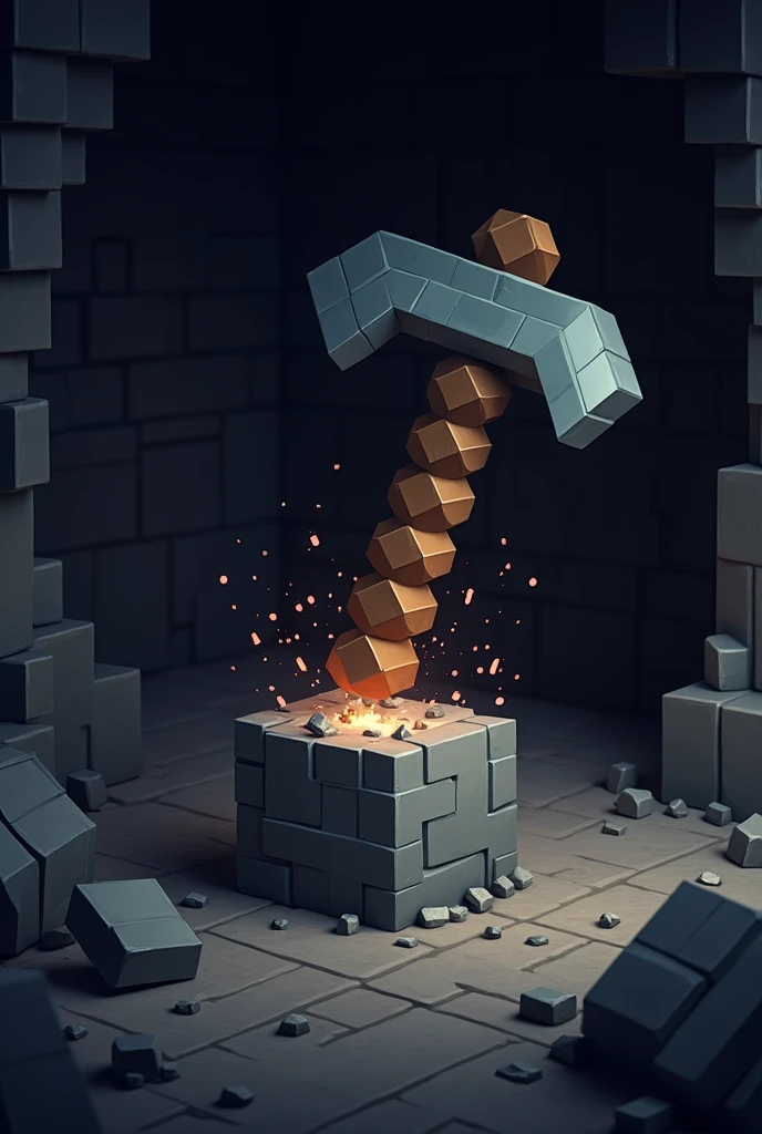 A picture of a minecraft pickaxe mining stone