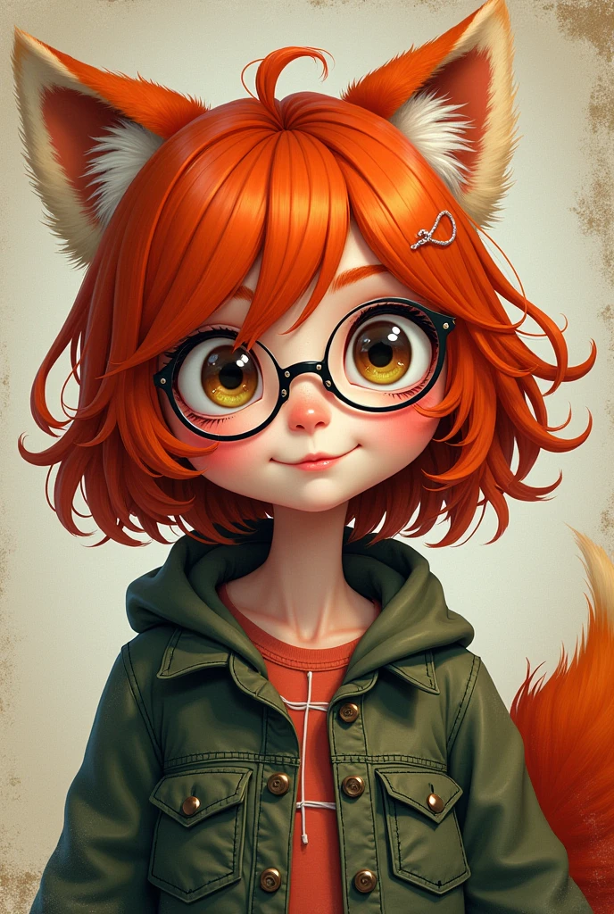 Girl with big eyes and red hair, chubby, wearing round glasses and a sweet smile with red panda ears and tail make her look twenty years old with grunge clothes 
