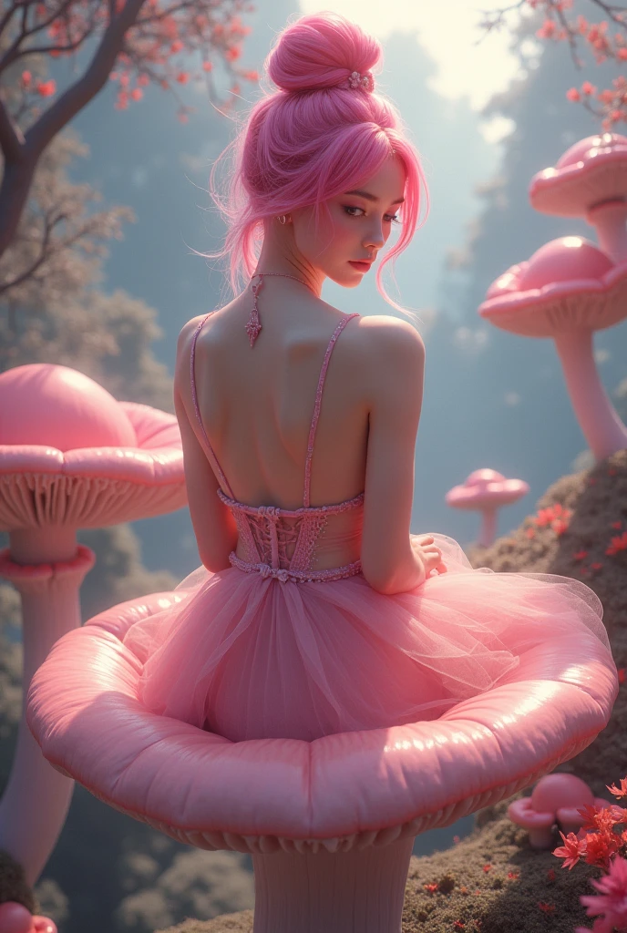 1girl,beautiful 18 year old girl,pink hair in a bun,bare shoulders,sitting on a giant mushroom,elegant,chic,modern,fashionable,muted colors,soft lighting,art nouveau,psychedelic anime style,colorful,trippy,(best quality,4k,8k,highres,masterpiece:1.2),ultra-detailed,(realistic,photorealistic,photo-realistic:1.37),HDR,UHD,studio lighting,ultra-fine painting,sharp focus,physically-based rendering,extreme detail description,professional,vivid colors,bokeh