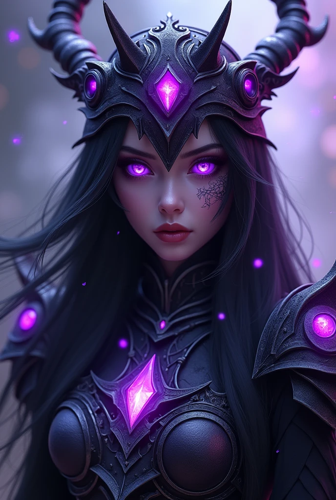 Create a high-definition image (4K) of a mysterious and ethereal female figure with long, dark hair. She has bright purple eyes.. The character is wearing ornate armor, with a mystical and dark theme, adorned with violet gemstones that emit a vibrant glow. Her hair flows elegantly around, with shades of dark purple and black that blend perfectly into the background. She wears a crown or headdress with pointed structures., gem-like, that emit a soft, supernatural light. The image should capture her in a slightly tilted pose, adding to his enigmatic aura. The overall composition should have a magical, dreamlike atmosphere, with light effects and soft energy around it, all rendered with exceptional clarity and vivid colors, as if captured by a Huawei Pura 70 Ultra camera."
