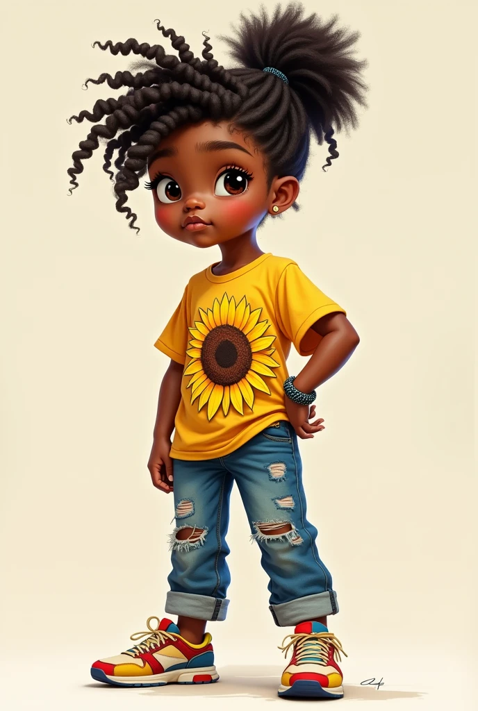 Child - **Skin color**: Light brunette - **body hair**: curly and voluminous, Dark brown, tied up in a messy bun - **badass clothing**: Yellow t-shirt with a sunflower print and distressed jeans. Wears colorful sneakers and a beaded bracelet.

