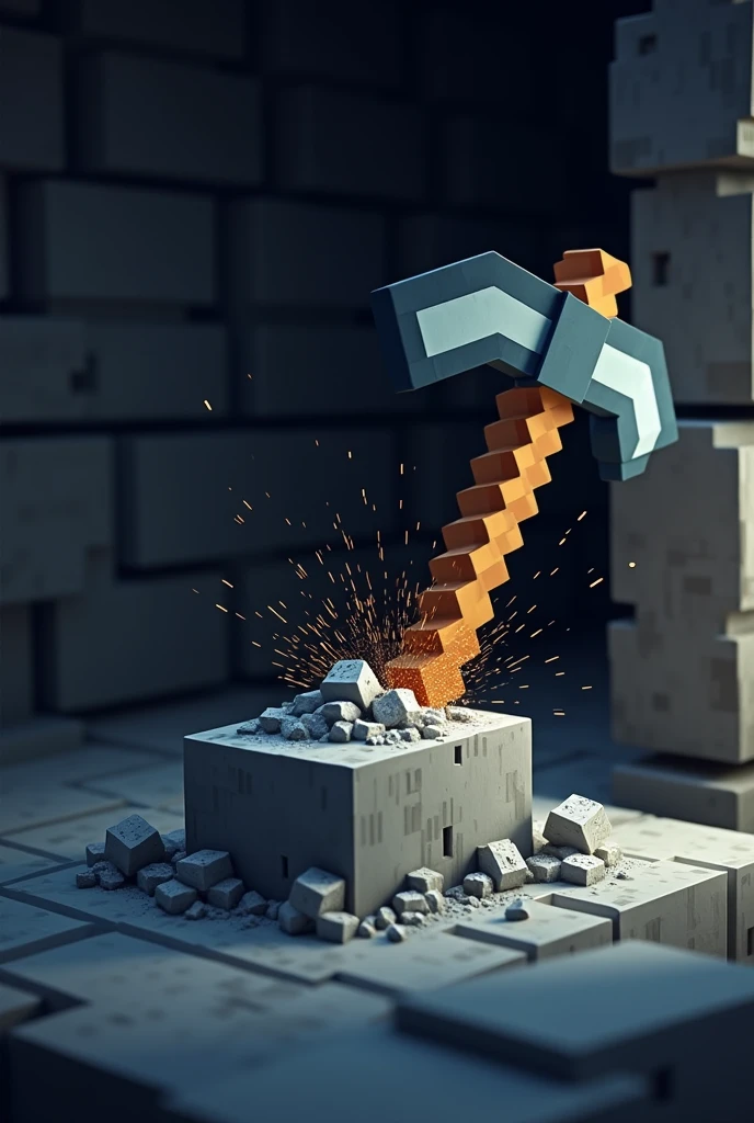 A picture of a minecraft pickaxe mining stone