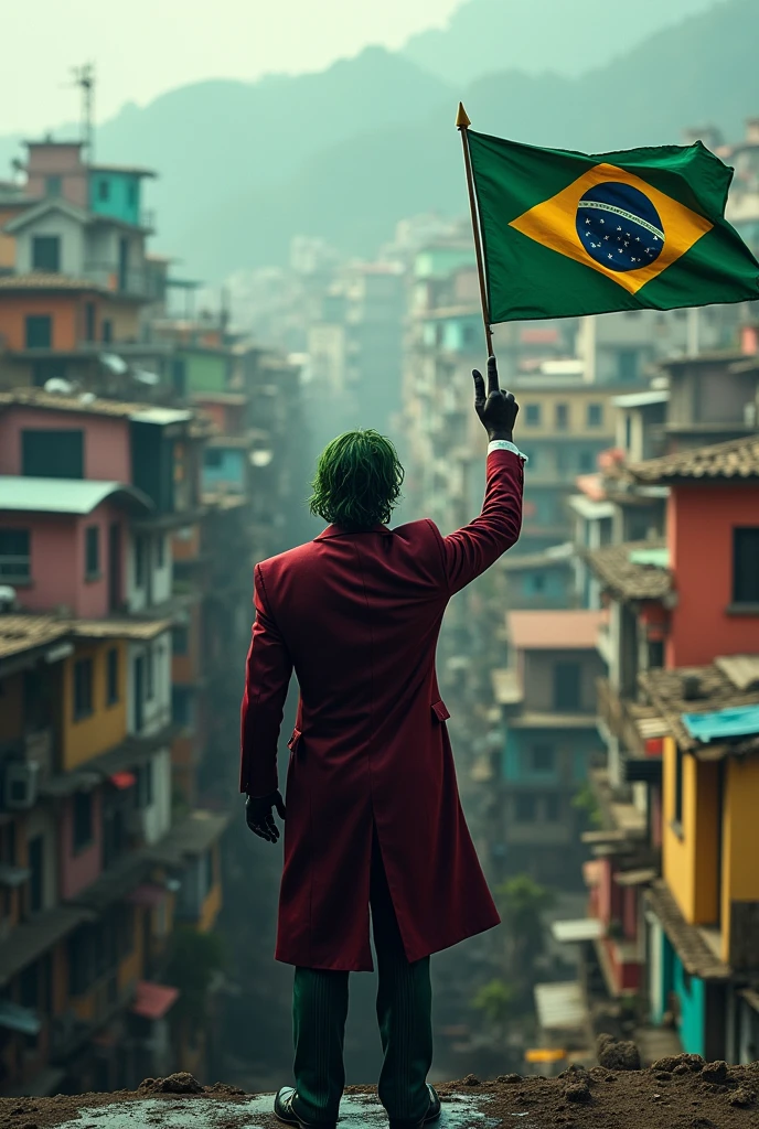 Joker with his back turned looking at the favela with his hand making a three-finger sign and the Bahia flag 👺🖤🤟