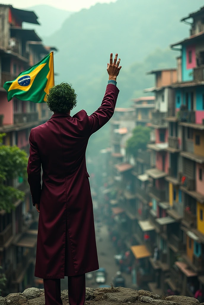 Joker with his back turned looking at the favela with his hand making a three-finger sign and the Bahia flag 👺🖤🤟