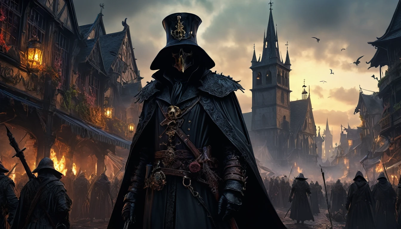 (anime, fantasy, black death), (detailed CG unity 8k wallpaper, masterpiece, best quality, ultra-detailed, HDR:1.2), vibrant colors, intricate, high FXAA, dark fantasy, black death medieval, plague doctor, plague, dark times, apocalypse, suffering