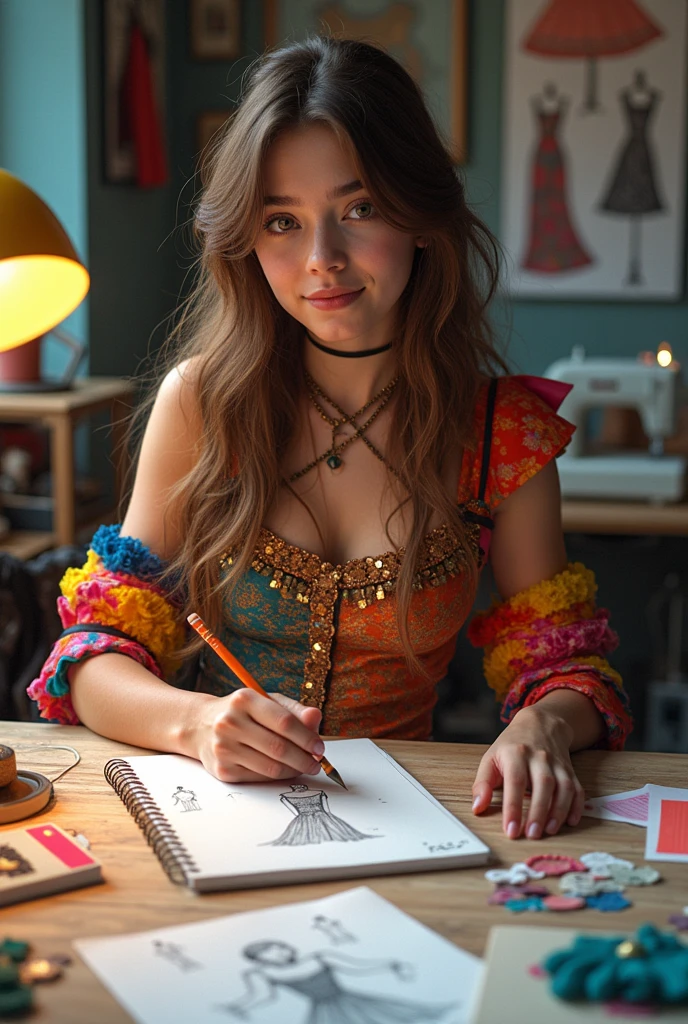 Realistic teenage designer with brown hair, wearing a colorful and crazy costume, drawing on her sketchpad to create crazy new dresses as a hobby to get noticed by her all-time favorite fashion designer