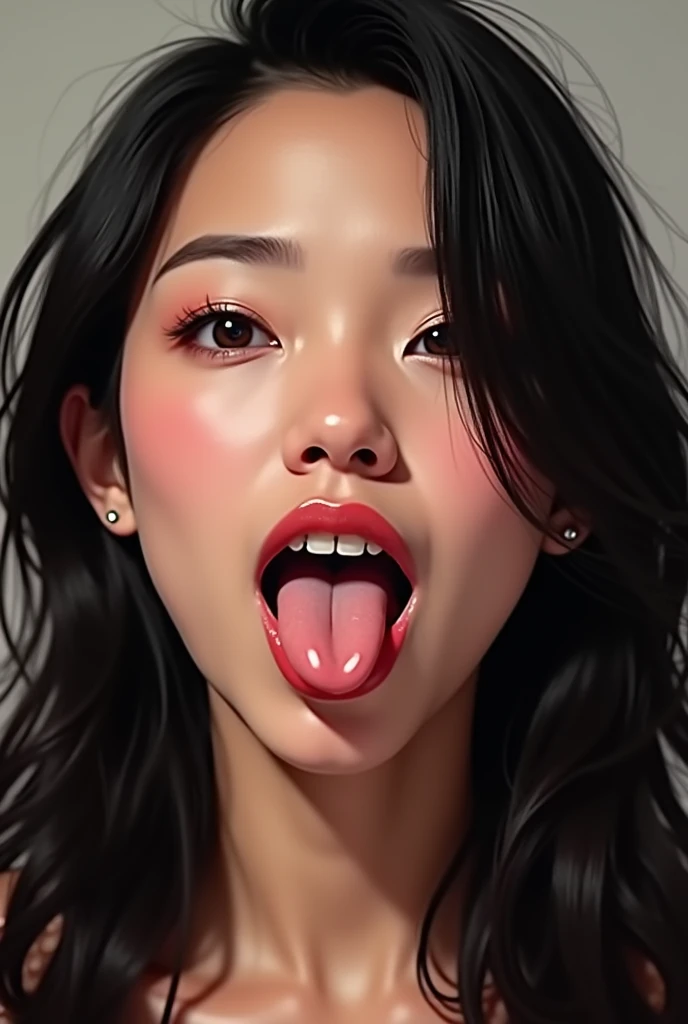 Asian woman with black hair, sticking out his tongue full of saliva.
