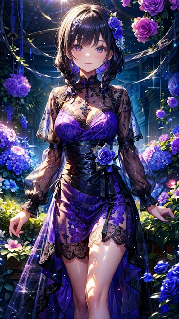 (Shiny purple long sleeve dress、)(((Flared flower lace see-through)))、black braids、(Hair tied back)、White Beauty