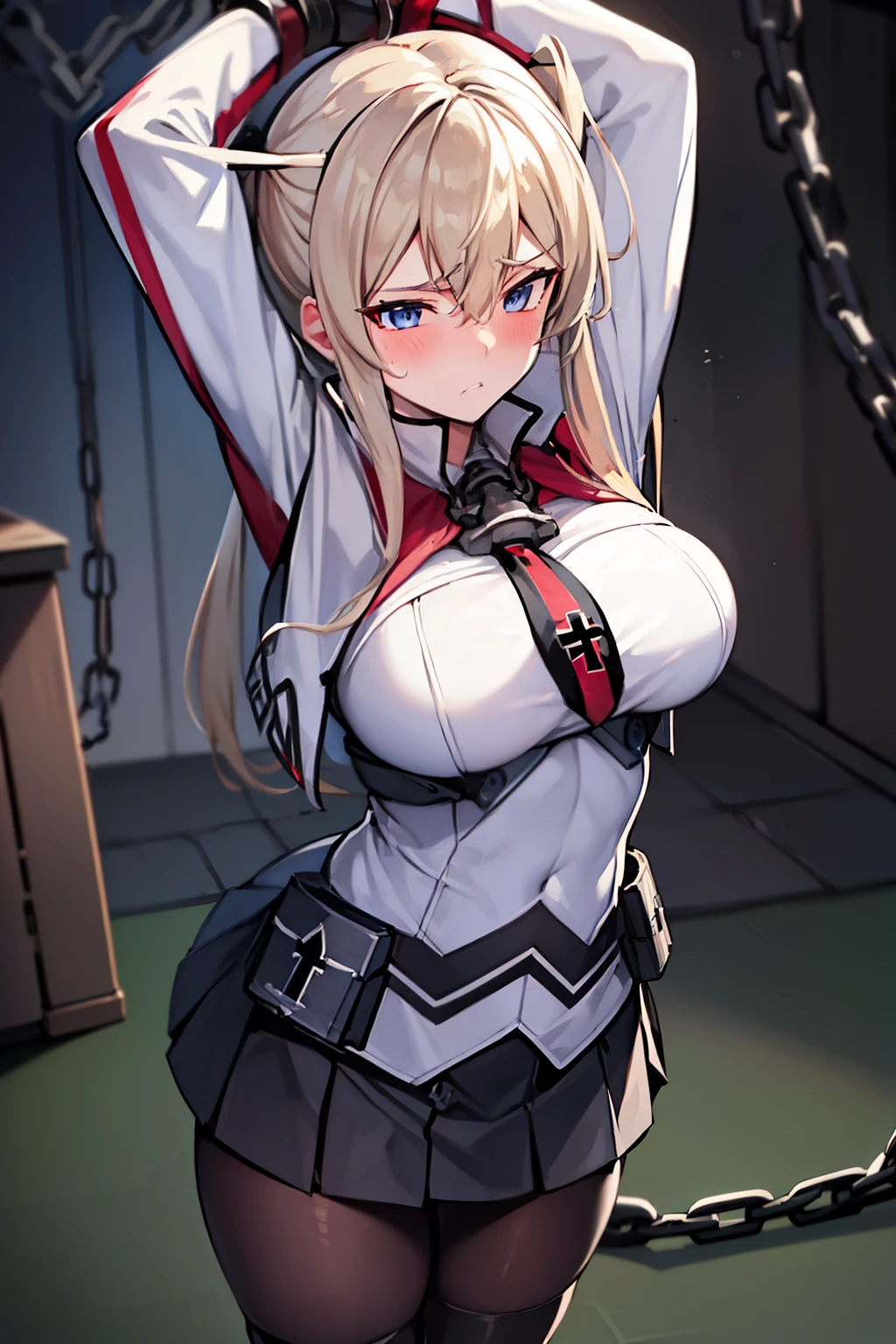 best quality, masterpiece, highres, solo, {graf_zeppelin_kantaicollection:1.15}, blonde_hair, twintails, long_hair, sidelocks, hair_between_eyes, breasts, blue_eyes, large_breasts, hat, peaked_cap, necktie, military, black skirt, short skirt, black tights, cross, blush, 1girl, looking_at_viewer, military_uniform, uniform, iron_cross, black_gloves, gloves, upper_body, ((((chained_superior)))), ((Arms suspended by chains)), arms over head, large breast, indoor, bed room, cabinet, hanged, standing, shy, scowl, teeth, sweat,