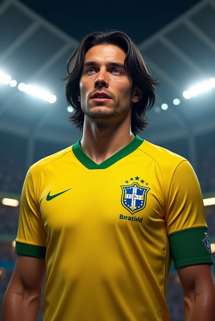 create a soccer player , medium black hair, Caucasian skin, With the shirt of the Brazilian National Team, captain's belt, giving a post-game interview