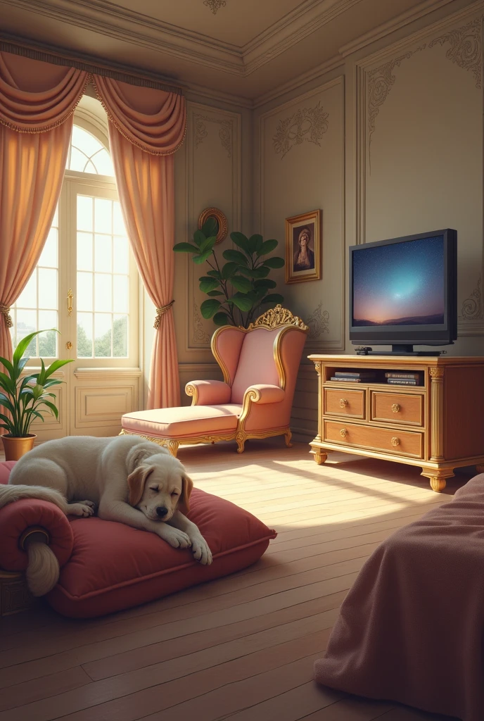 The bedroom has a big bed, a chaise longue, a bedside cushion, a big TV, and the dog slept until he couldn't sleep.