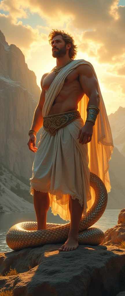 ((high qualiy)), ((fullHD)), ((4K)), ((High definition)), God Apollo next to a serpent.
