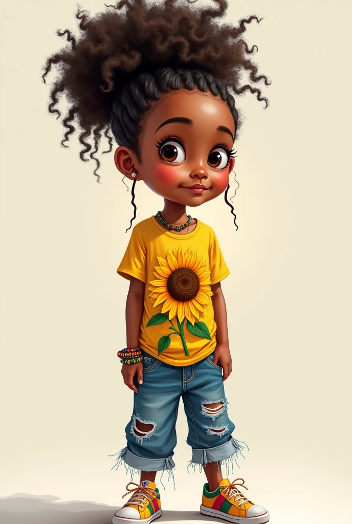 ***** - **Skin color**: Light brunette - **body hair**: curly and voluminous, Dark brown, tied up in a messy bun - **badass clothing**: Yellow t-shirt with a sunflower print and distressed jeans. Wears colorful sneakers and a beaded bracelet.

