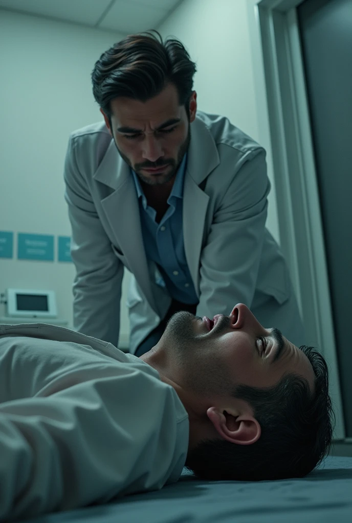 macabre doctor, with his back to the camera, operating room, sinister, macabre environment