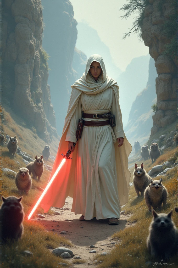 White jedi with sword made of light, anthropomorphic animals in background