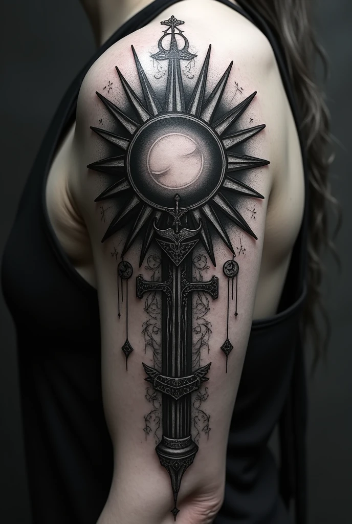 Blackword tattoo with dark style with sun and magic theme on the shoulder