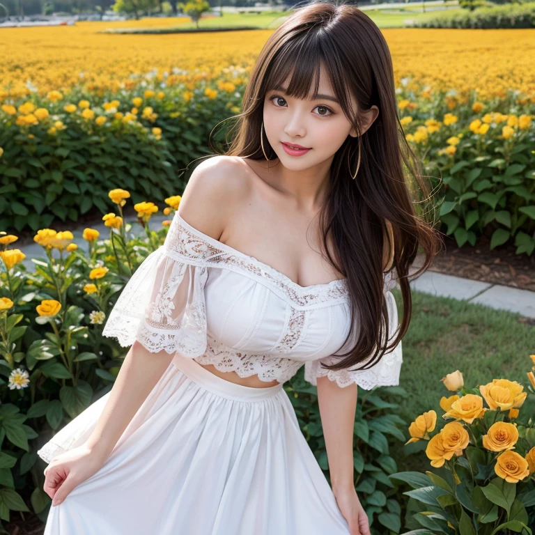 long skirt,in the flower field，Wear a dress，rotate，1 female, On the face, laughing out loud, light brown hair, blunt bangs, hair behind ears, Shoulder-length hair, long hair, Slender body type, 超face slimming型, face slimming, delicate lips, beautiful eyes, Thin blush, Eyes are light brown,View here, (actual:1.3), One person's perspective, 8k, Super detailed, high quality, best quality, High resolution, ，Large Breasts，wear a H cup, 2,Off-shoulder tops，Lace top，puffy skirt