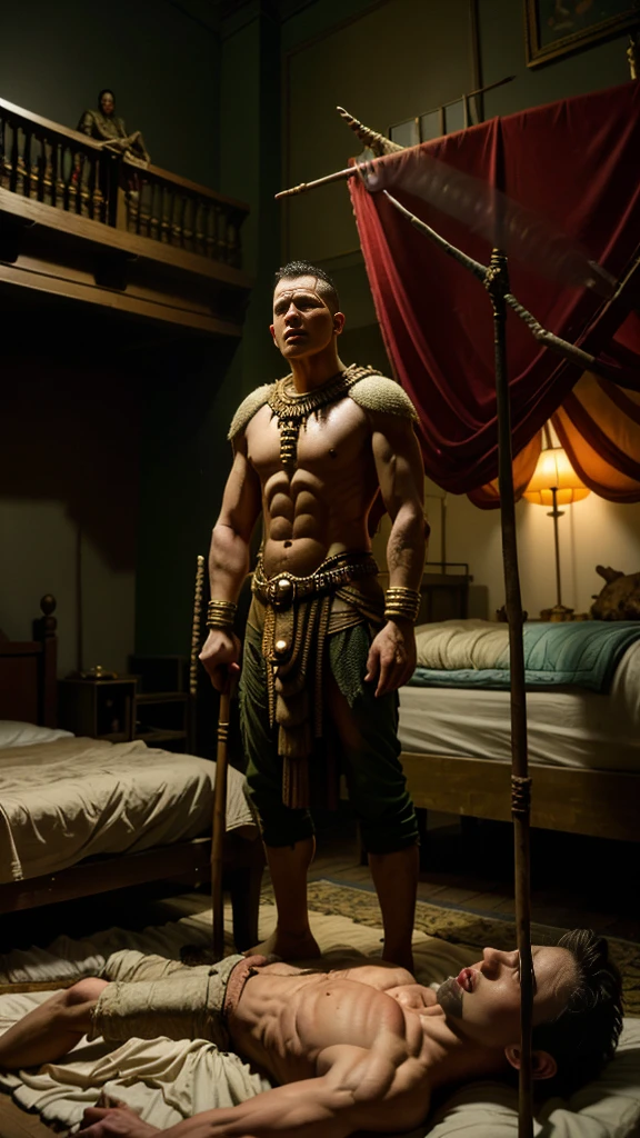 King Nimrod, in relentless agony, lies on his bed surrounded by the giant mosquito that continues to torment him. A guard stands by, confused and desperate, holding a stick and preparing to strike Nimrod’s head. The room grows darker with the eerie shadows cast by ancient lamps