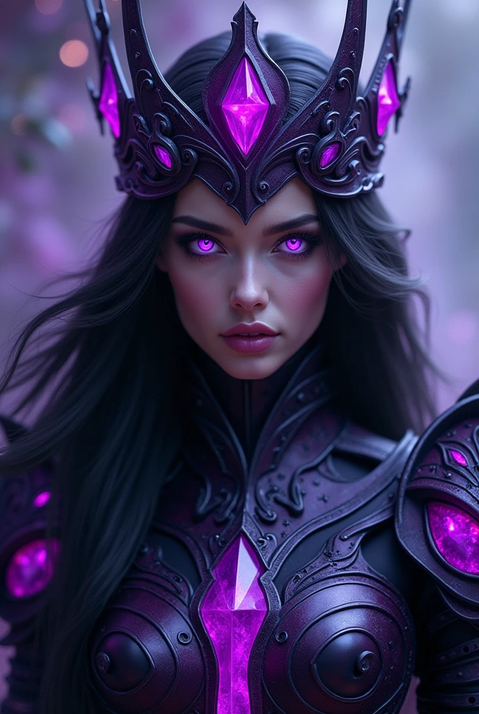 Create a high-definition image (4K) of a mysterious and ethereal female figure with long, dark hair. She has bright purple eyes.. The character is wearing ornate armor, with a mystical and dark theme, adorned with violet gemstones that emit a vibrant glow. Her hair flows elegantly around, with shades of dark purple and black that blend perfectly into the background. She wears a crown or headdress with pointed structures., gem-like, that emit a soft, supernatural light. The image should capture her in a slightly tilted pose, adding to his enigmatic aura. The overall composition should have a magical, dreamlike atmosphere, with light effects and soft energy around it, all rendered with exceptional clarity and vivid colors, as if captured by a Huawei Pura 70 Ultra camera."