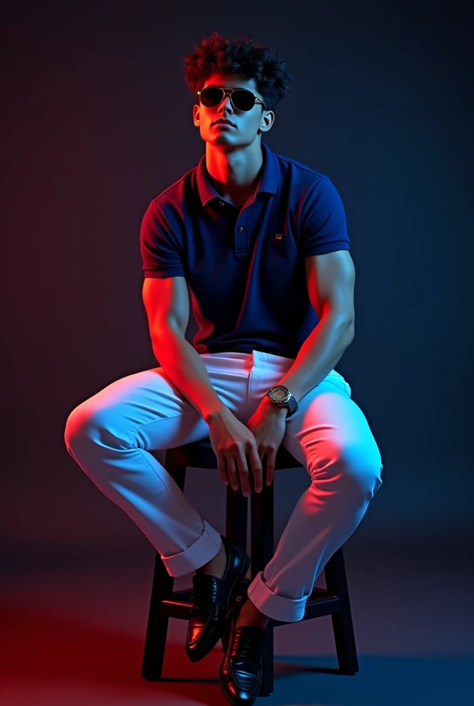 A tan boy with muscles and black wave hair and navy blue polo t shirt, white long trousers, old watch, black loafers sitting on black stool and black background red and blue light on it the boy turning right side and wereing a sunglass