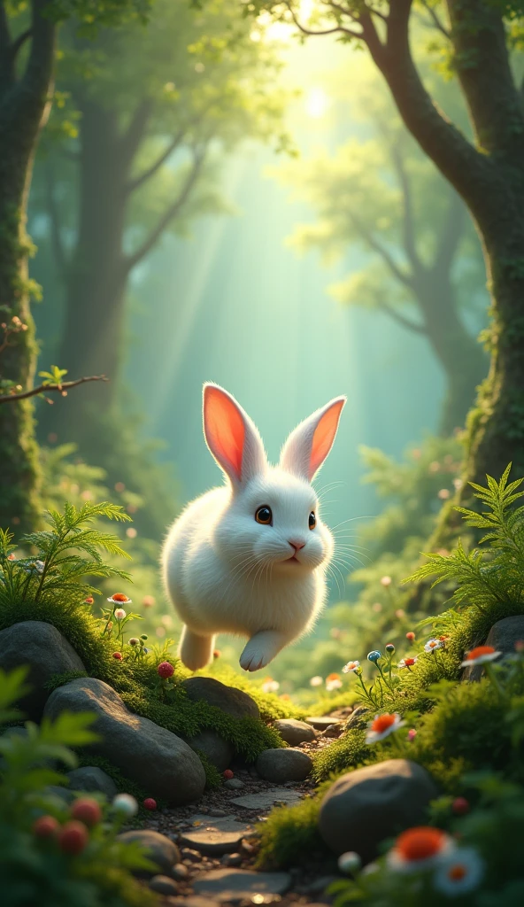 draw a picture of a white rabbit playing in a dense forest