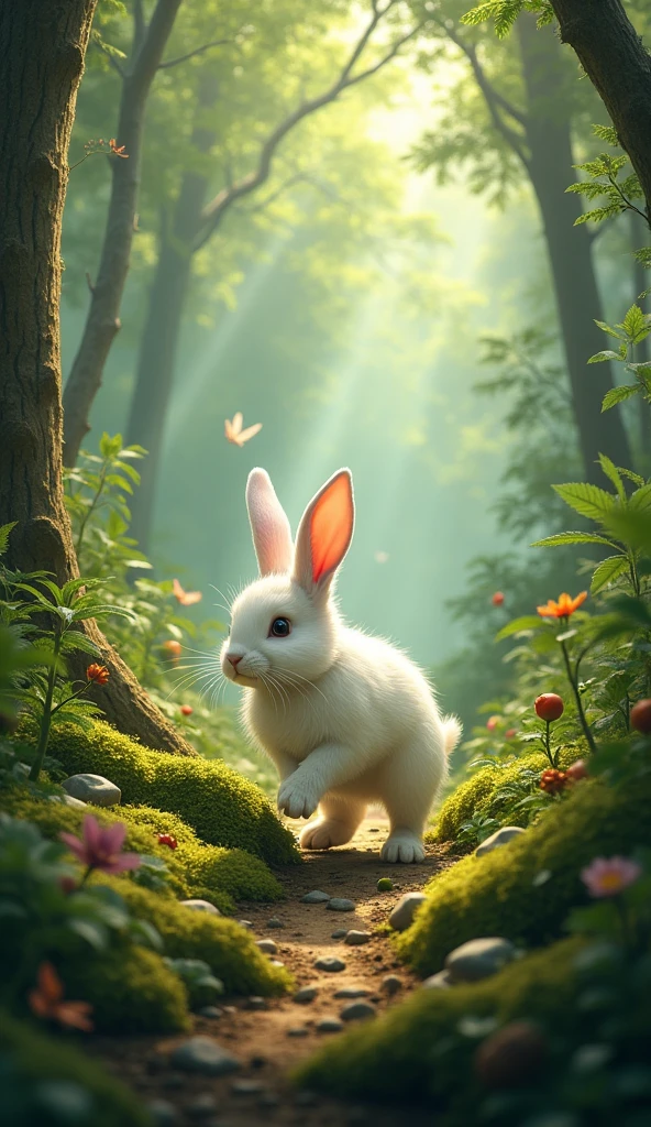 draw a picture of a white rabbit playing in a dense forest