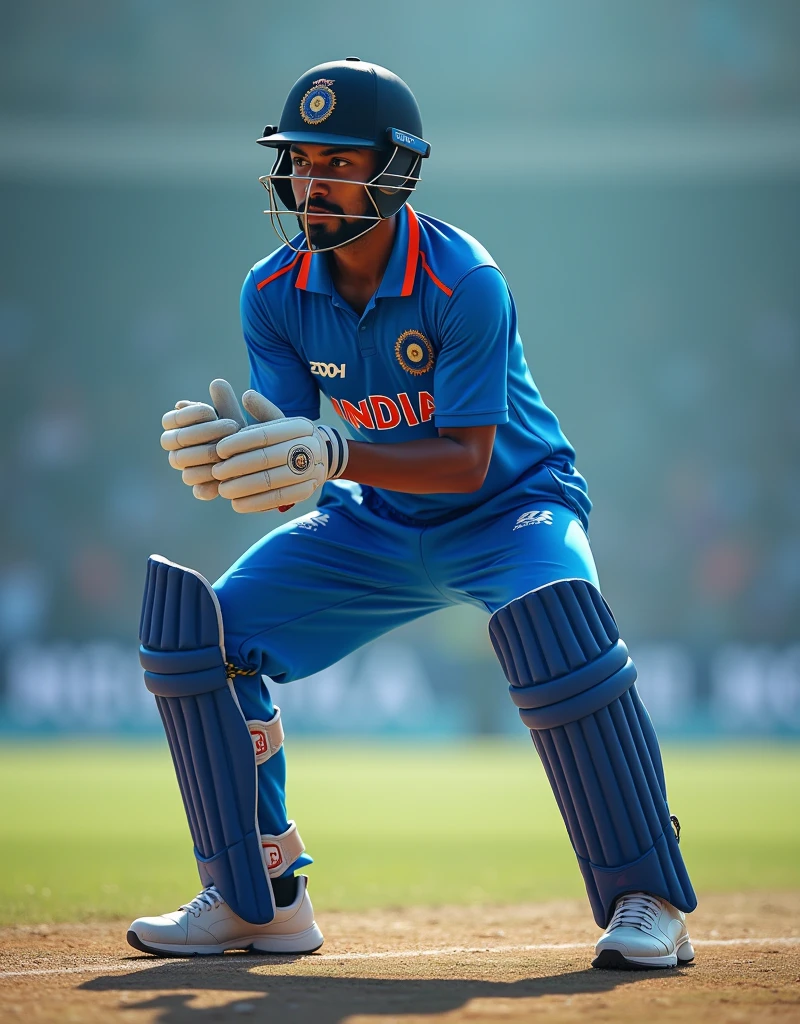 Give me a cricket wicketkeeper wearing a blue jersey with INDIA on it, wearing white sneakers and half gloves, doing a full front half squat preparation，drop shadow, anaglyph, stereogram, tachi-e, ass pov, atmospheric perspective, 8k, super detail, best quality