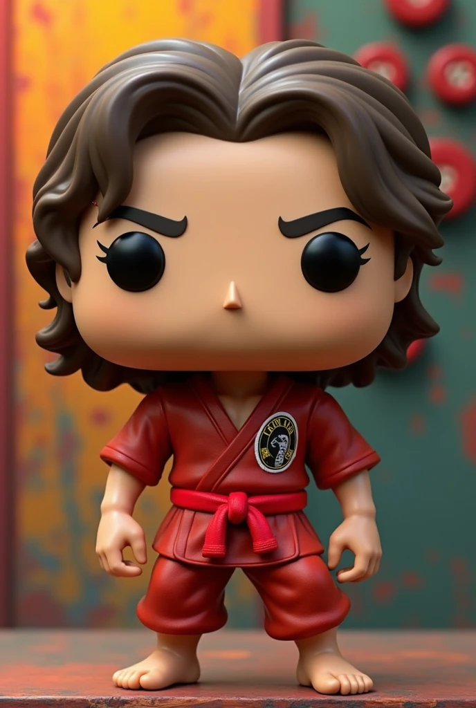 Generate an image of Devon Lee, the passionate and loyal member of Cobra Kai, in Funko Pop style. The image should show Devon in his signature Cobra Kai karate outfit., with his red belt and his intense gaze. Your hair should be not so wavy brown not so much. The image must have a colorful and vibrant background, with details like buttons and textures reminiscent of Funko Pop figures. Devon's facial expression should be serious and determined., as if ready to take action in the dojo or in real life.