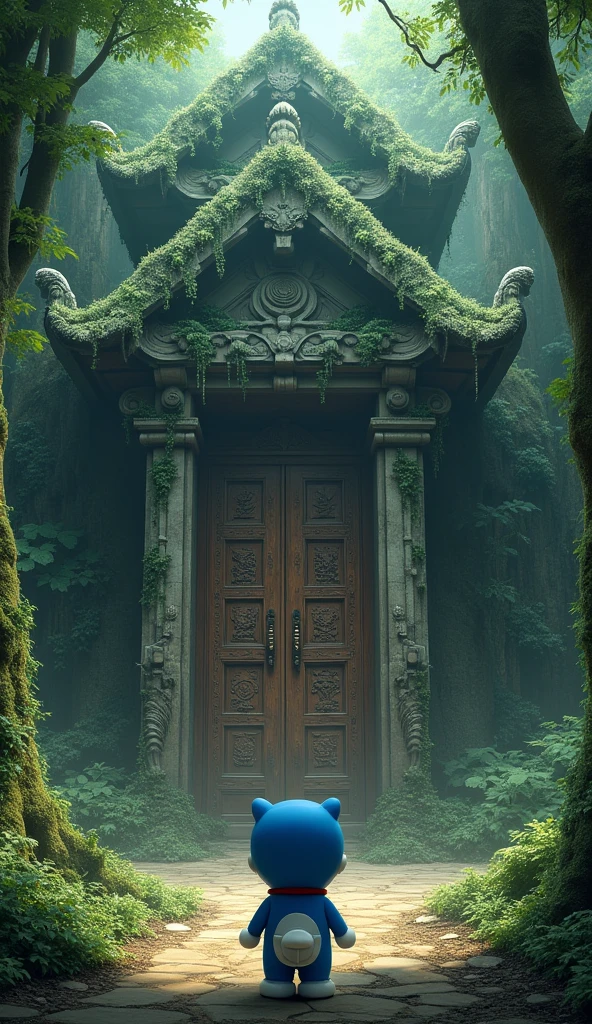 Doraemon stands in front of an ancient temple hidden deep in the forest., covered with vines and moss. Temple doors carved with ancient symbols, looks mysterious and challenging. The faint light from outside shone into the temple., create a mysterious space.
