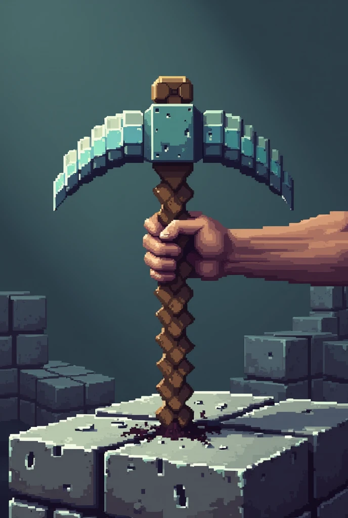 An image of a minecraft pickaxe mining stone the pickaxe made with pixels like in minecraft