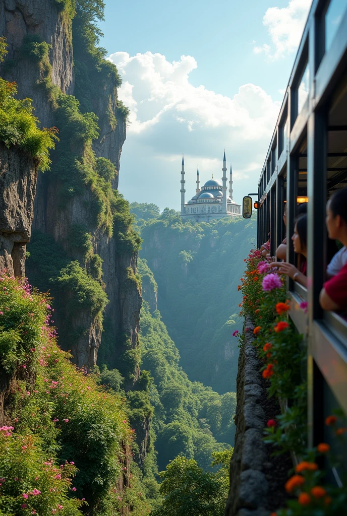 View from the window of a bus passing over a cliff decorated with colorful flowers and the Al Jabbar mosque in Indonesia