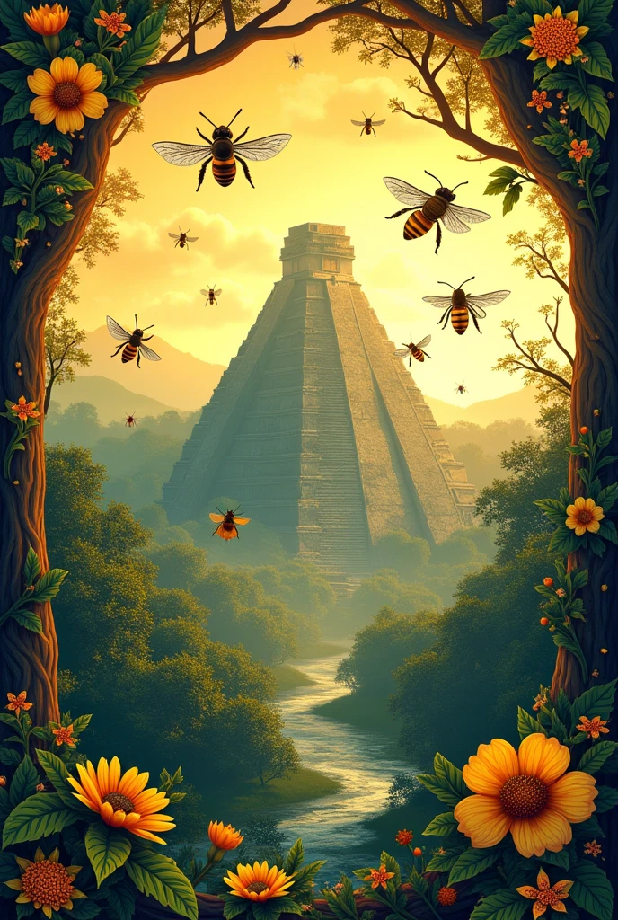 Another more premium option of a label with the design of floating bees or honeycomb panels, Mayan city tikal, Something representative of the Mayans in Guatemala, put it as a label mark "Honey of eternal spring" Origin "guatemala"
