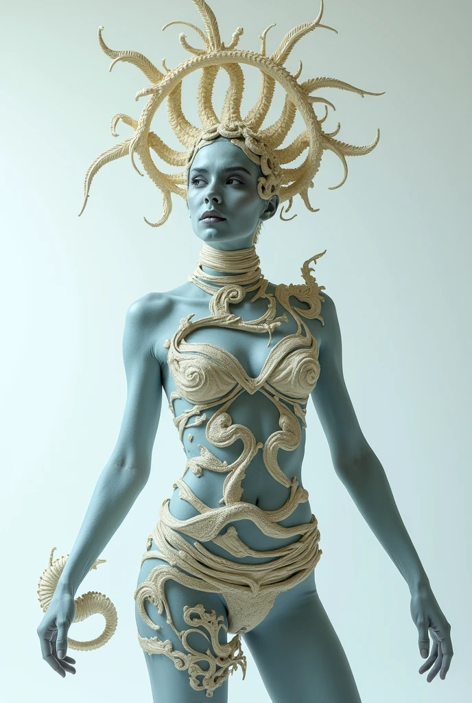 Show your best ability and output avant-garde fashion photos. Great masterpieces, details, high resolution, leave it up to your taste. Clothes, hats, accessories, and fashion goods with designs inspired by seahorses. Body painting, face painting, white background, flat lighting, fashion model pose, art performance