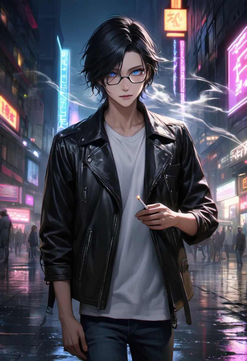 Create a realistic male anime character with the following characteristics: A 24 year old, with fair skin and straight black hair that falls slightly over her eyes. He wears thin, square-framed glasses., that give an intellectual air. His eyes are a deep shade of blue, with a calm expression, but introspective, which suggests a mysterious personality. He's dressed casually, with a black leather jacket over a simple white t-shirt and dark jeans. In one hand, he holds a lit cigarette, with a thin line of smoke rising into the air, adding a touch of rebellion to your look. The scene takes place on an urban street at night, illuminated by colorful neon lights and reflections of puddles of water on the floor. The background may include tall buildings and illuminated signs., creating a dark and somewhat melancholic atmosphere. Realism should be enhanced by hair texture details, the smoothness of the skin, the intensity of the eyes behind the glasses, and the subtle movement of smoke." This description focuses on creating a character with a realistic aesthetic., but still maintains typical anime elements, like the mysterious expression and striking style.