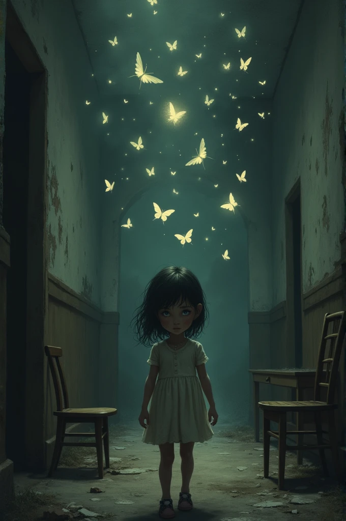 Abused 13 year old orphanage  girl kneeling  in the dark  hall of an orphanage and a glowing fiery butterfly in the distance
