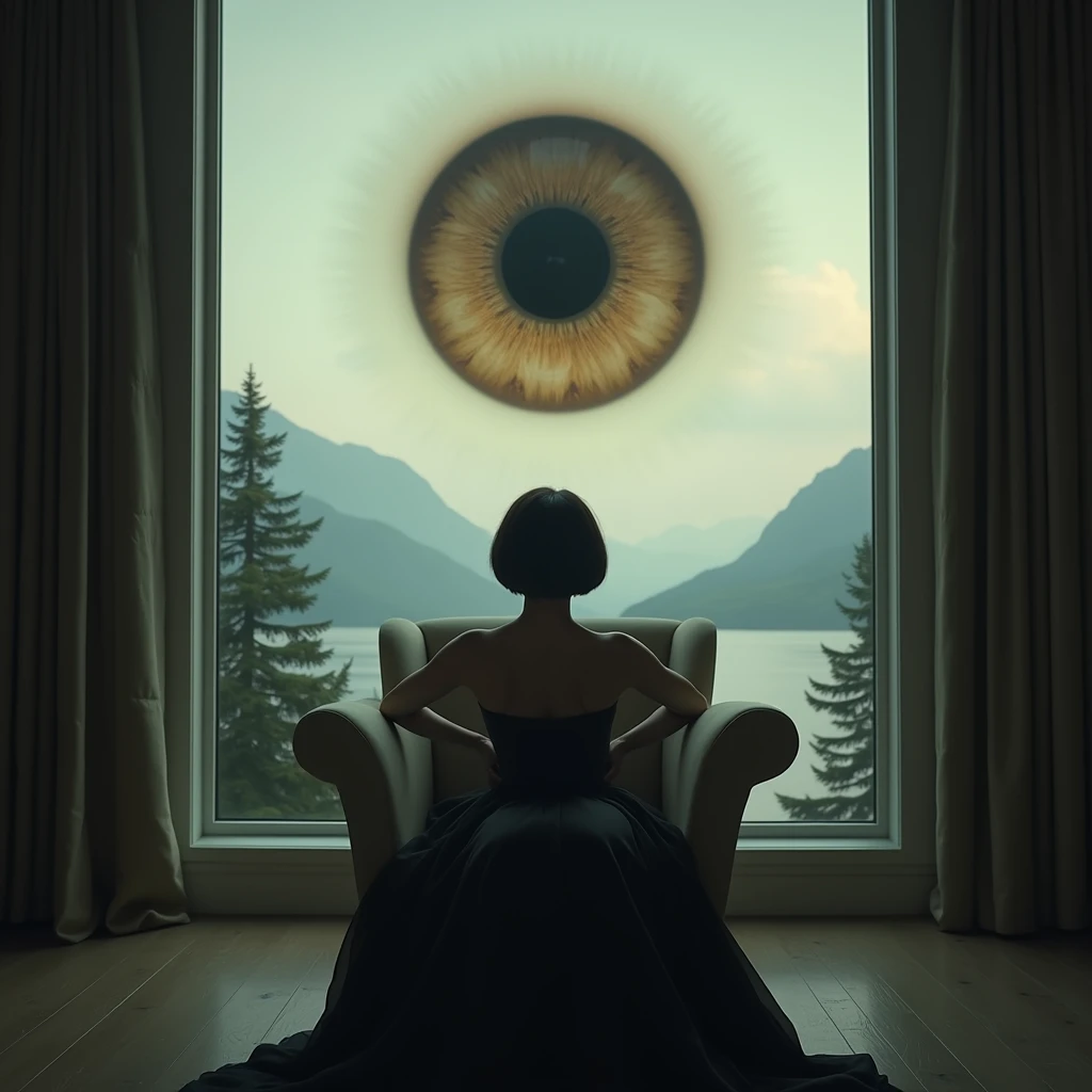 A cinematic medium-sized shot of a pretty, shapely girl sitting in an armchair. She has short, dark hair and wears a black evening gown. Behind her, a large eye looks out of a large, panoramic window. The eye has a pupil and is surrounded by a beige iris. The background reveals a peaceful landscape with mountains, trees, and a body of water.